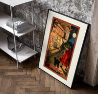 Witch with broom peering through window poster in a black frame leaning beside a shelf in a raw-plaster loft