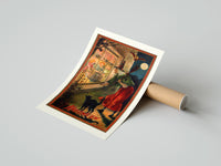 Rolled Witch with broom peering through window poster beside its crush-resistant kraft shipping tube