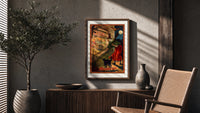 Witch with broom peering through window poster framed above a fluted sideboard beside an olive tree