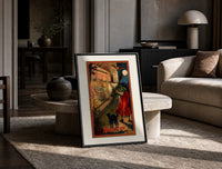 Witch with broom peering through window print in a black frame leaning on a travertine table in a sunlit lounge