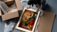 Witch with broom peering through window framed print being unpacked from protective bubble wrap and a box