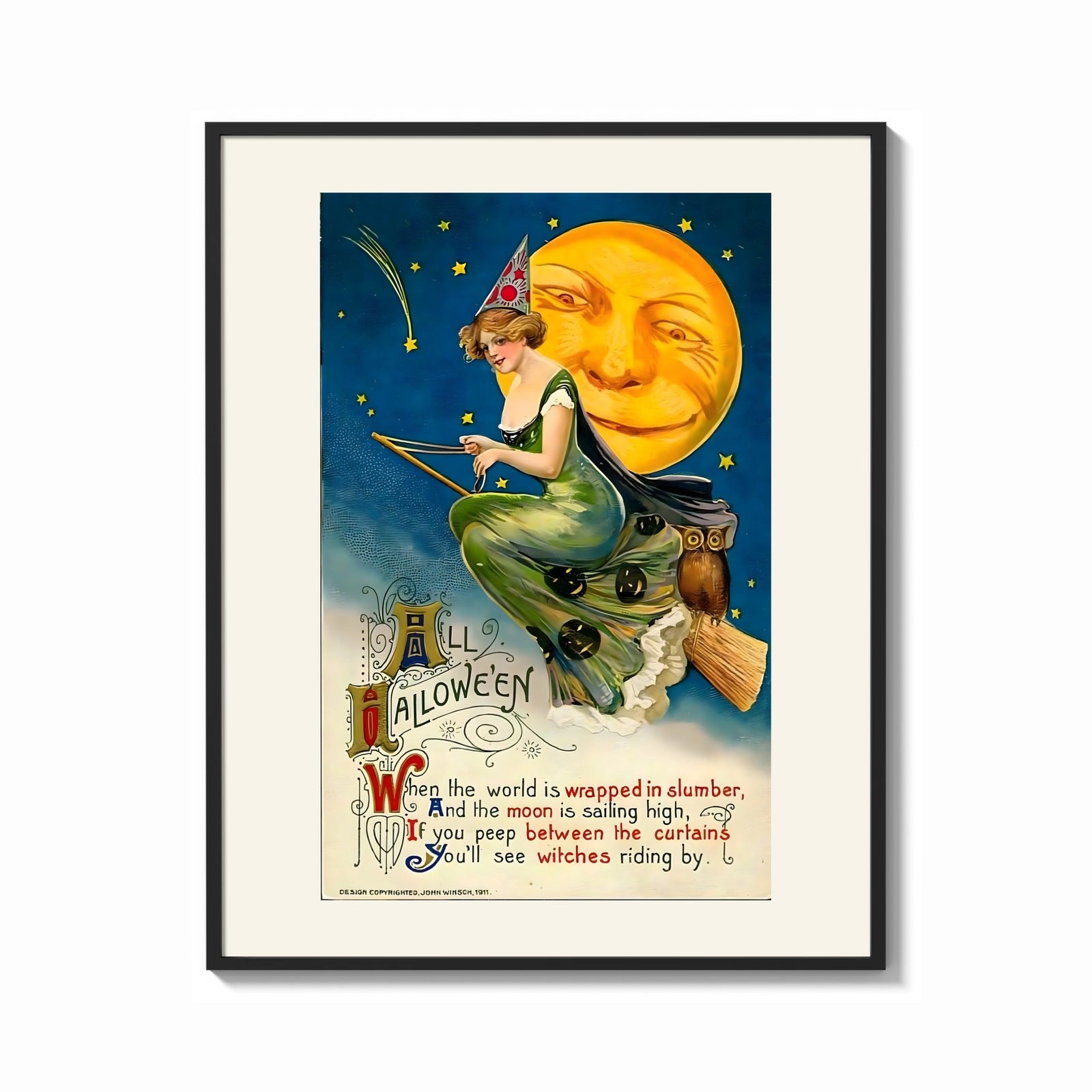 Framed Witch riding broomstick past moon print shown as a bold statement piece on a clean gallery wall