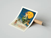 Rolled Witch riding broomstick past moon poster beside its crush-resistant kraft shipping tube