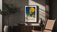 Witch riding broomstick past moon poster framed above a fluted sideboard beside an olive tree