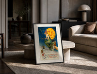 Witch riding broomstick past moon print in a black frame leaning on a travertine table in a sunlit lounge