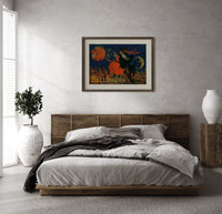 Witch flying on broomstick with pumpkin print in a dark wood frame above a rattan bed on a plaster wall