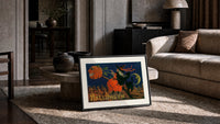 Witch flying on broomstick with pumpkin print in a slim black frame leaning on a travertine coffee table