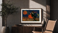 Witch flying on broomstick with pumpkin print in a wood frame above a fluted sideboard beside an olive tree