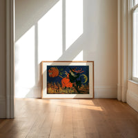 Witch flying on broomstick with pumpkin print in an oak frame on a sunlit wood floor beneath tall window light