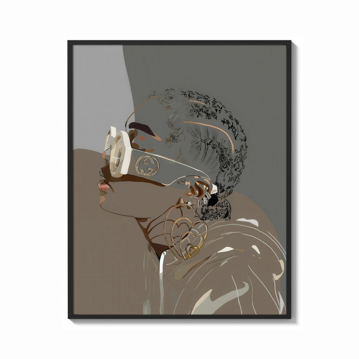 Framed Woman in Heart Hoops and Sunglasses print shown as a bold statement piece on a clean gallery wall