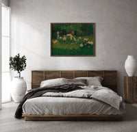 Woman reading among pink roses print in a dark wood frame above a rattan bed on a plaster wall