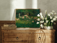 Woman reading among pink roses print in an oak frame on a farmhouse dresser beside white tulips