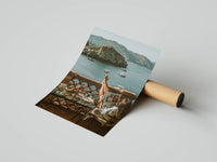 Woman relaxing on Mediterranean sea view terrace lifestyle poster flat lay with shipping tube