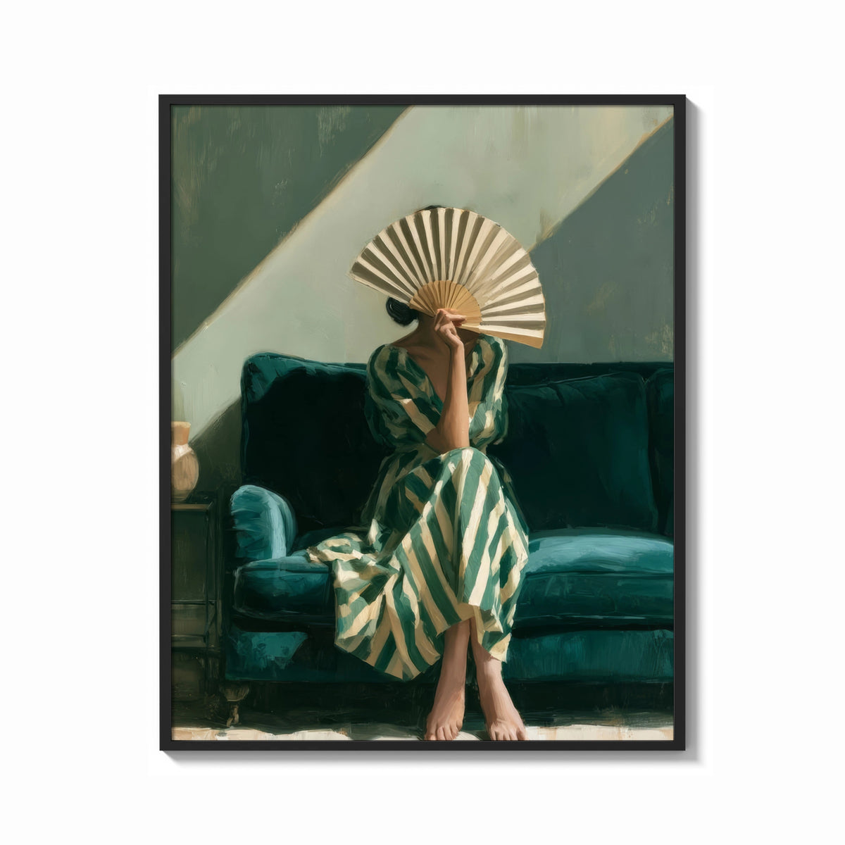 Framed Woman with a Fan in Green Stripes print shown as a bold statement piece on a clean gallery wall