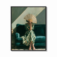 Framed Woman with a Fan in Green Stripes print shown as a bold statement piece on a clean gallery wall