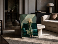 Woman with a Fan in Green Stripes print on the floor, leaning against a travertine table