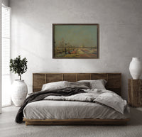 Workers in flower fields print in a dark wood frame above a rattan bed on a plaster wall