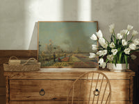 Workers in flower fields print in an oak frame on a farmhouse dresser beside white tulips