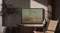 Workers in flower fields print in a wood frame above a fluted sideboard beside an olive tree