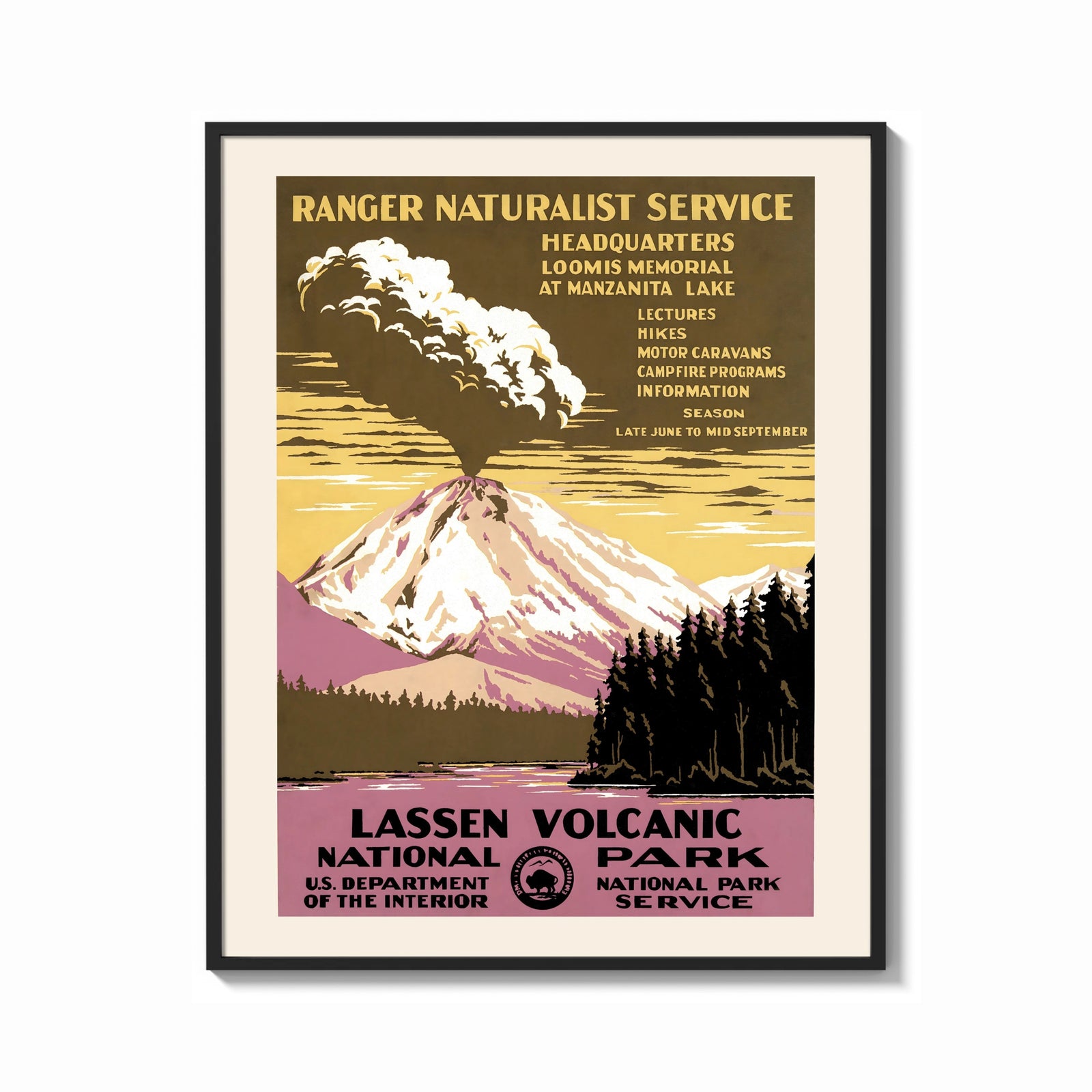 Framed Erupting volcano over lake print shown as a bold statement piece on a clean gallery wall