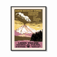 Framed Erupting volcano over lake print shown as a bold statement piece on a clean gallery wall