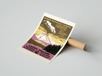 Rolled Erupting volcano over lake poster beside its crush-resistant kraft shipping tube