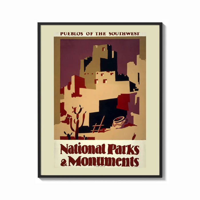 Framed Southwest pueblo cliff dwellings print shown as a bold statement piece on a clean gallery wall