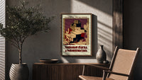 Southwest pueblo cliff dwellings poster framed above a fluted sideboard beside an olive tree