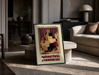 Southwest pueblo cliff dwellings print in a black frame leaning on a travertine table in a sunlit lounge