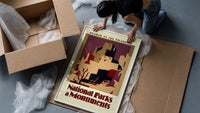 Southwest pueblo cliff dwellings framed print being unpacked from protective bubble wrap and a box