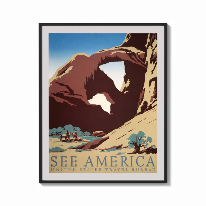 Framed Desert rock arch with riders print shown as a bold statement piece on a clean gallery wall