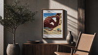 Desert rock arch with riders poster framed above a fluted sideboard beside an olive tree