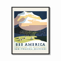 Framed Snowy mountain with Native American camp print shown as a bold statement piece on a clean gallery wall