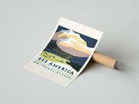 Rolled Snowy mountain with Native American camp poster beside its crush-resistant kraft shipping tube