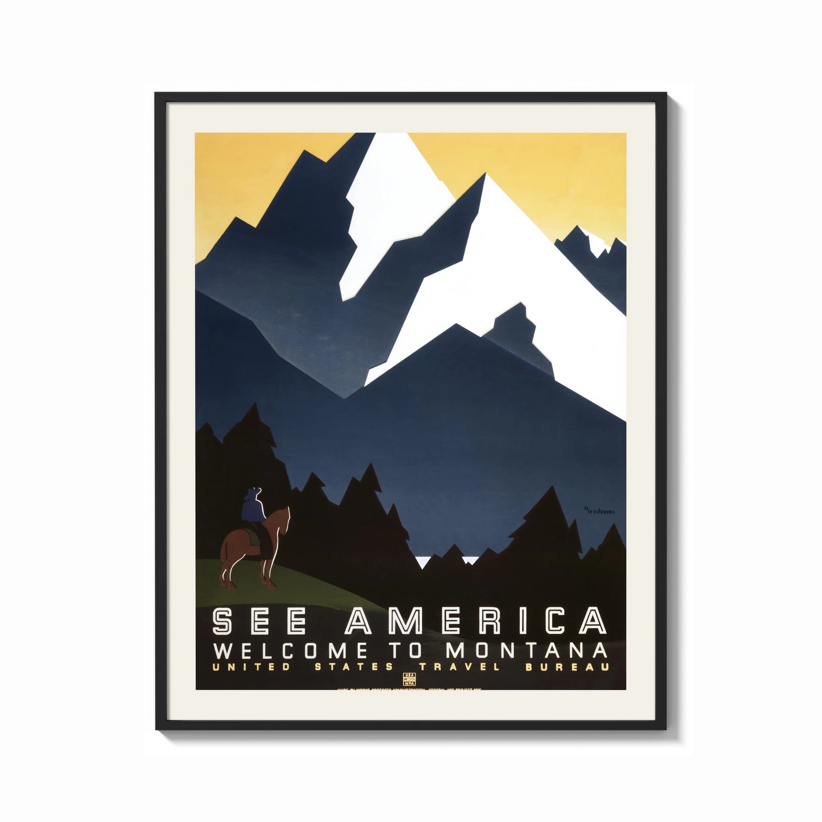 Framed Cowboy on horse viewing mountains print shown as a bold statement piece on a clean gallery wall