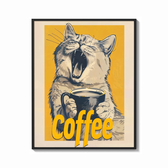 Framed Yawning Cat with a Mug print shown as a bold statement piece on a clean gallery wall