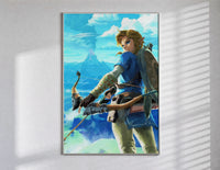 Elf warrior holding bow and arrow poster in a slim frame on a bright wall with soft window light