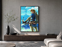 Elf warrior holding bow and arrow poster framed above a wood console in a concrete-wall living room
