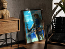 Walnut-framed Elf warrior holding bow and arrow print leaning against a sunlit rustic brick wall