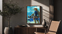 Elf warrior holding bow and arrow poster framed above a fluted sideboard beside an olive tree