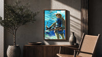 Elf warrior holding bow and arrow poster framed above a fluted sideboard beside an olive tree
