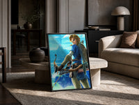 Elf warrior holding bow and arrow print in a black frame leaning on a travertine table in a sunlit lounge