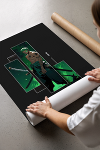 Zoro three sword swordsman print displayed on a minimalist white wall above a side table
