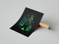 Woman lifting a Zoro three sword style anime print from cardboard packaging in a bright room