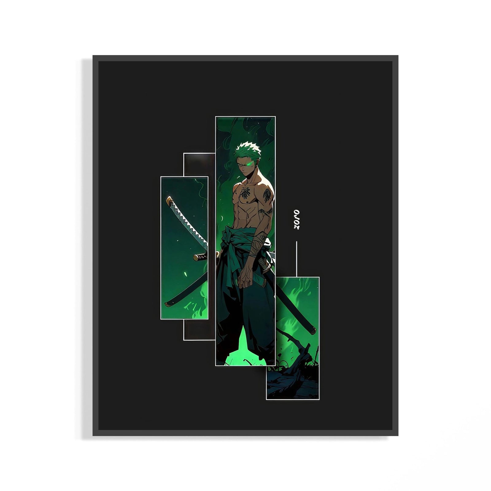 Hands unrolling a green-toned Zoro three sword warrior triptych across a grey concrete floor
